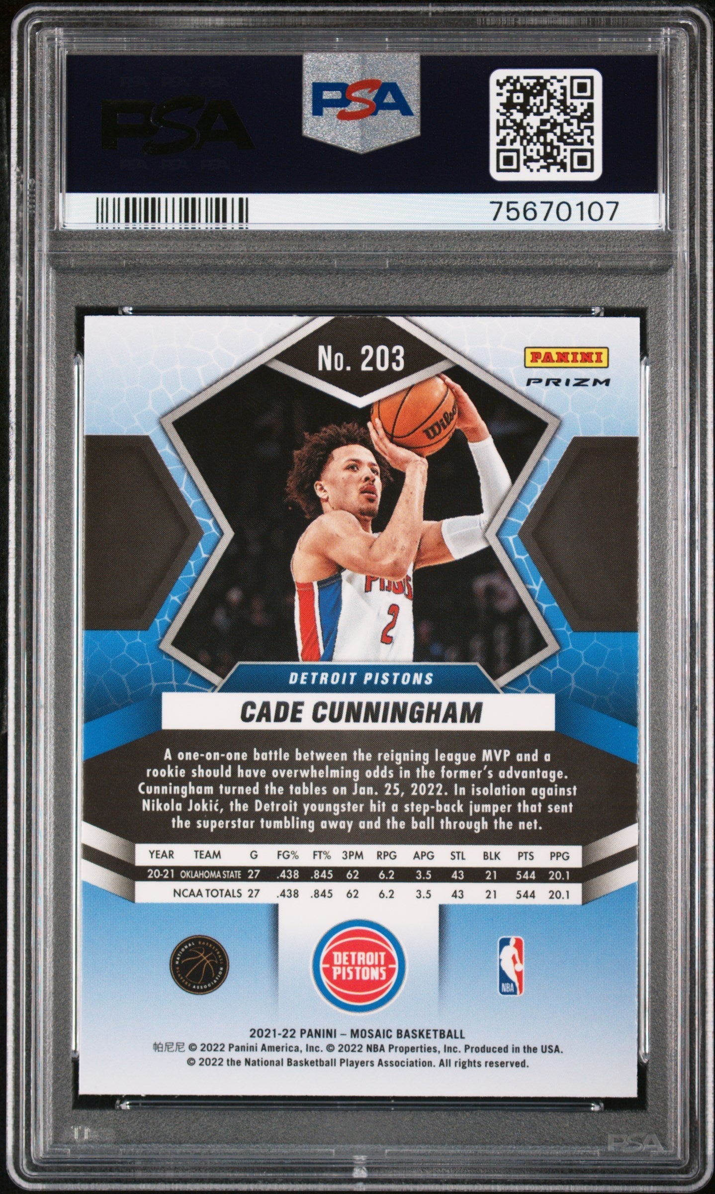 Graded 2021 Panini Mosaic Cade Cunningham #203 Red Wave Rookie RC Basketball Card PSA 10 Gem Mint