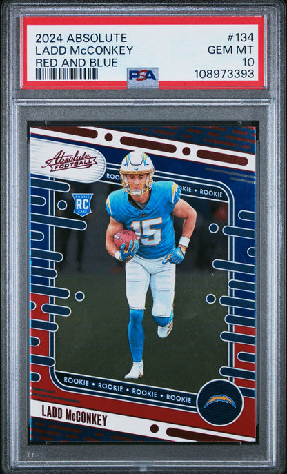 Graded 2024 Panini Absolute Ladd McConkey #134 Red/Blue Rookie RC Football Card PSA 10 Gem Mint
