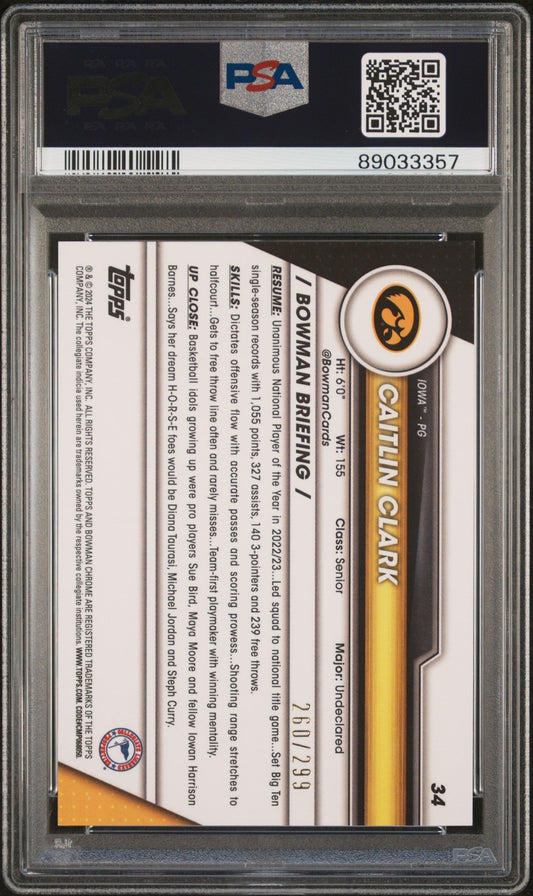 Graded 2023 Topps Bowman U Chrome Caitlin Clark #34 Aqua #/299 Rookie RC Basketball Card PSA 10 Gem Mint