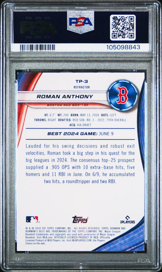 Graded 2024 Topps Bowmans Best Roman Anthony #TP3 Top Prospects Refractor Rookie RC Baseball Card PSA 10 Gem Mint