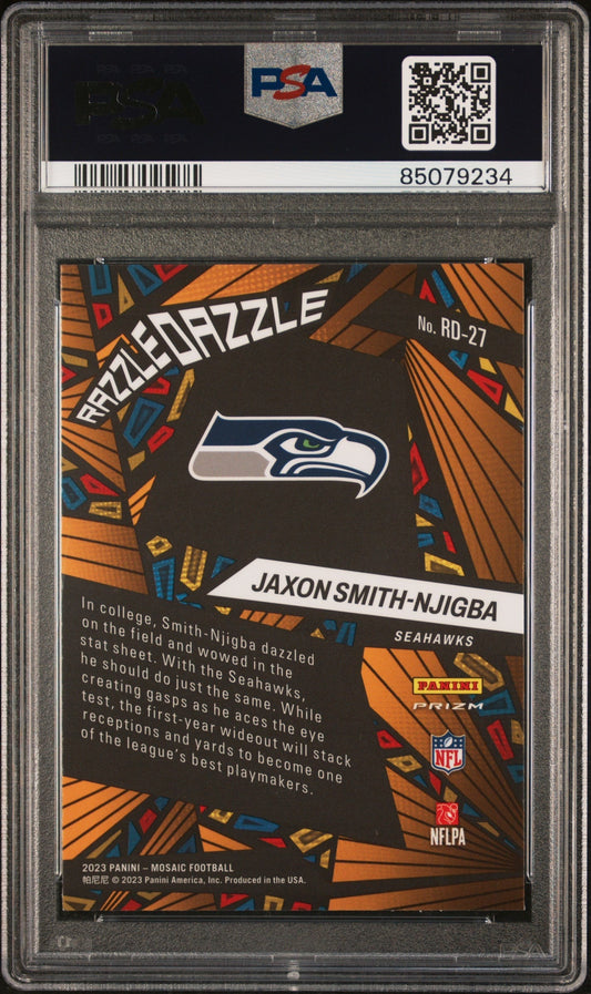 Graded 2023 Panini Mosaic Jaxon Smith-Njigba #RD27 Razzle Dazzle Rookie RC Football Card PSA 10 Gem Mint
