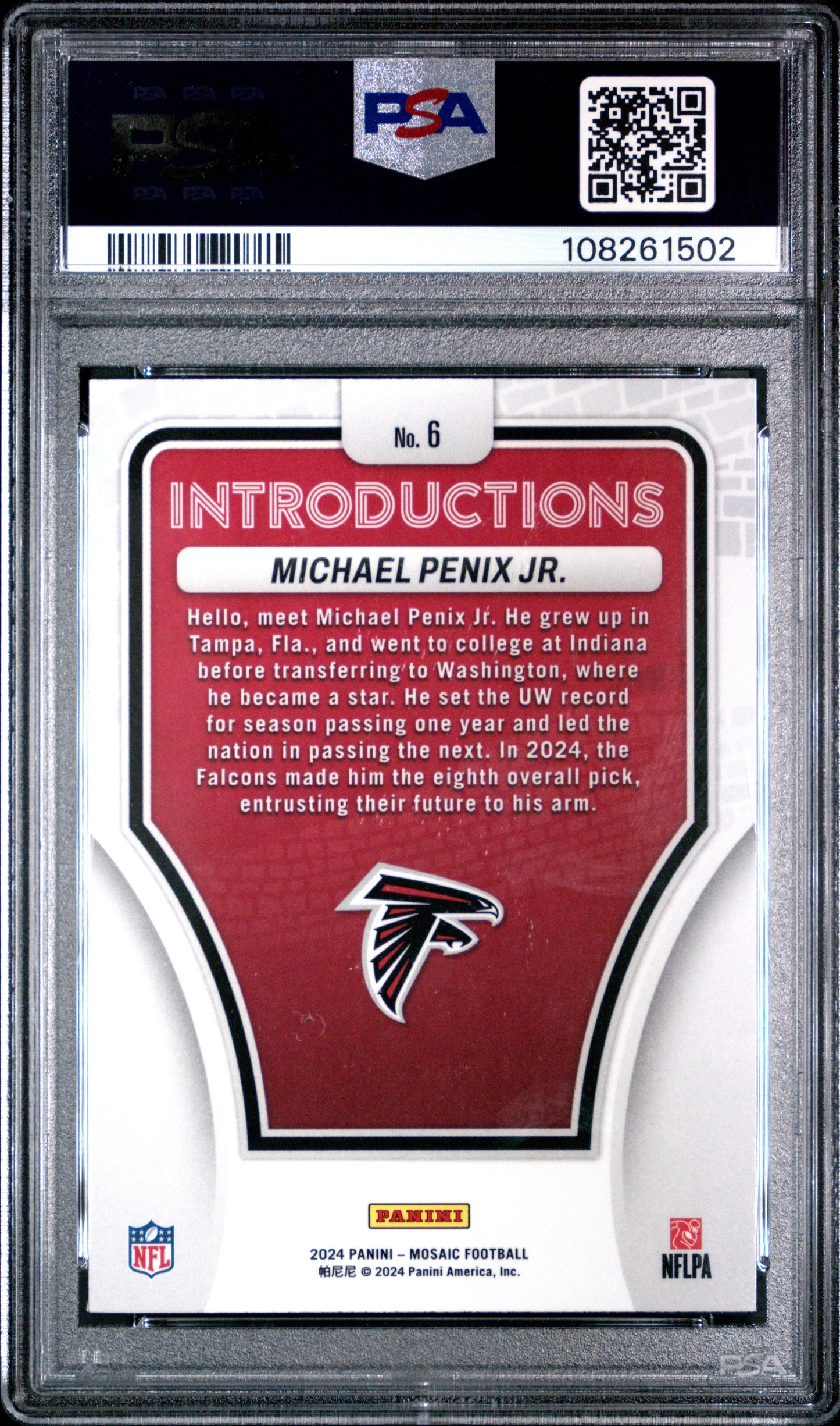 Graded 2024 Panini Mosaic Michael Penix Jr #6 Introductions Rookie RC Football Card PSA 10 Gem Mint