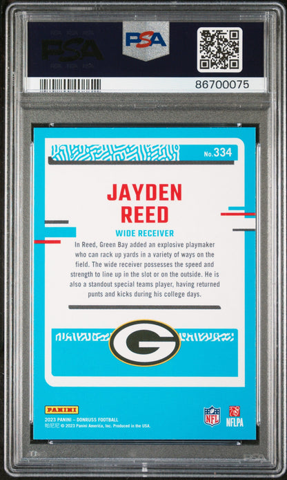 Graded 2023 Panini Donruss Jayden Reed #334 Rookie RC Football Card PSA 10 Gem Mint