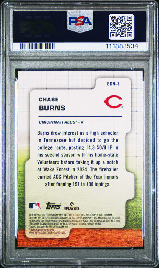 Graded 2024 Topps Bowman Draft Chase Burns #BDN8 Draft Night Rookie RC Baseball Card PSA 10 Gem Mint