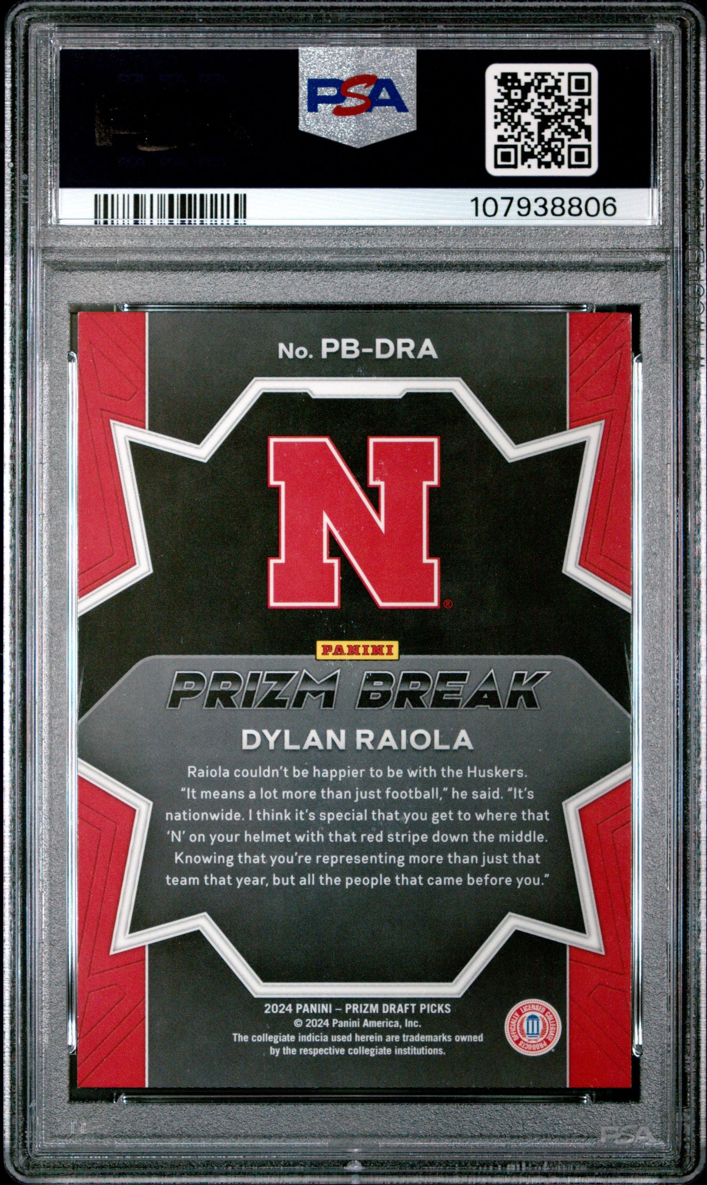 Graded 2024 Panini Prizm Draft Picks Dylan Raiola #PBDRA Prizm Break Rookie RC Football Card PSA 10 Gem Mint