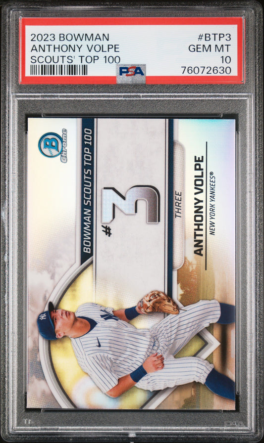 Graded 2023 Topps Bowman Anthony Volpe #BTP3 Scouts Top 100 Rookie RC Baseball Card PSA 10 Gem Mint