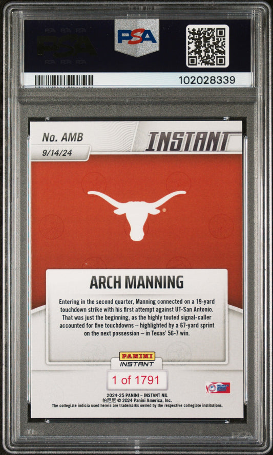 Graded 2024 Panini Instant NIL Arch Manning #AMB Rookie RC Football Card PSA 9 Mint