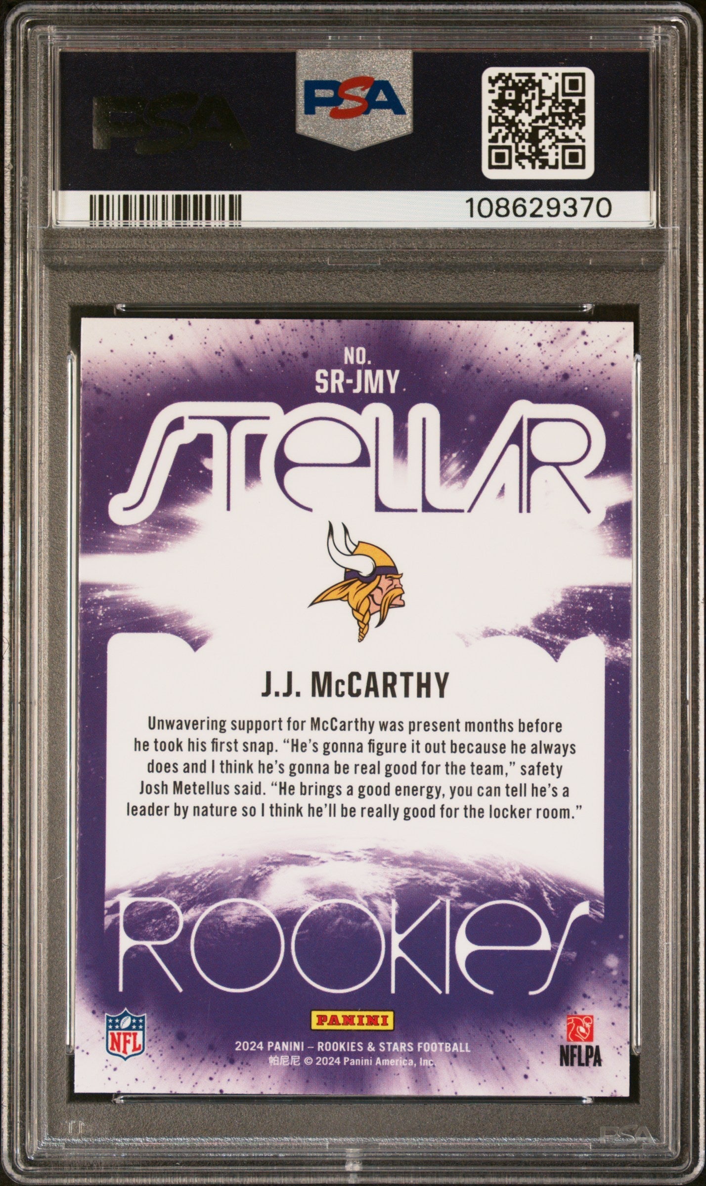 Graded 2024 Panini Rookies & Stars JJ McCarthy #SRJMY Stellar Rookies Rookie RC Football Card PSA 10 Gem Mint