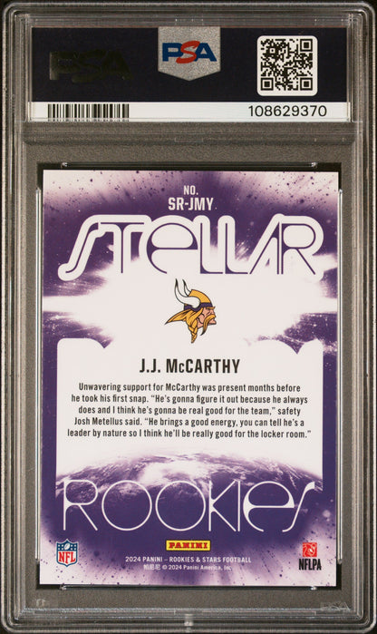 Graded 2024 Panini Rookies & Stars JJ McCarthy #SRJMY Stellar Rookies Rookie RC Football Card PSA 10 Gem Mint