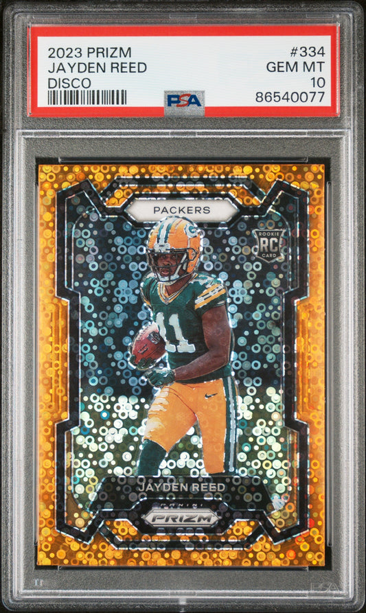 Graded 2023 Panini Prizm Jayden Reed #334 Disco Rookie RC Football Card PSA 10 Gem Mint