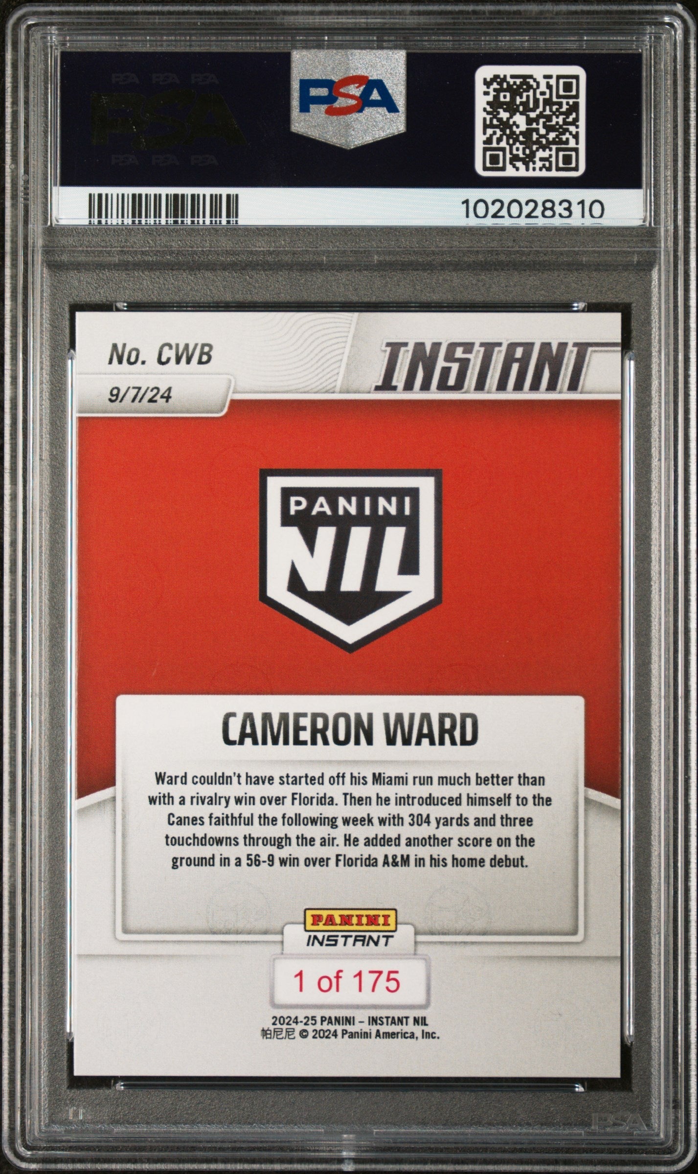 Graded 2024 Panini Instant NIL Cam Ward #CWB Rookie RC Football Card PSA 9 Mint