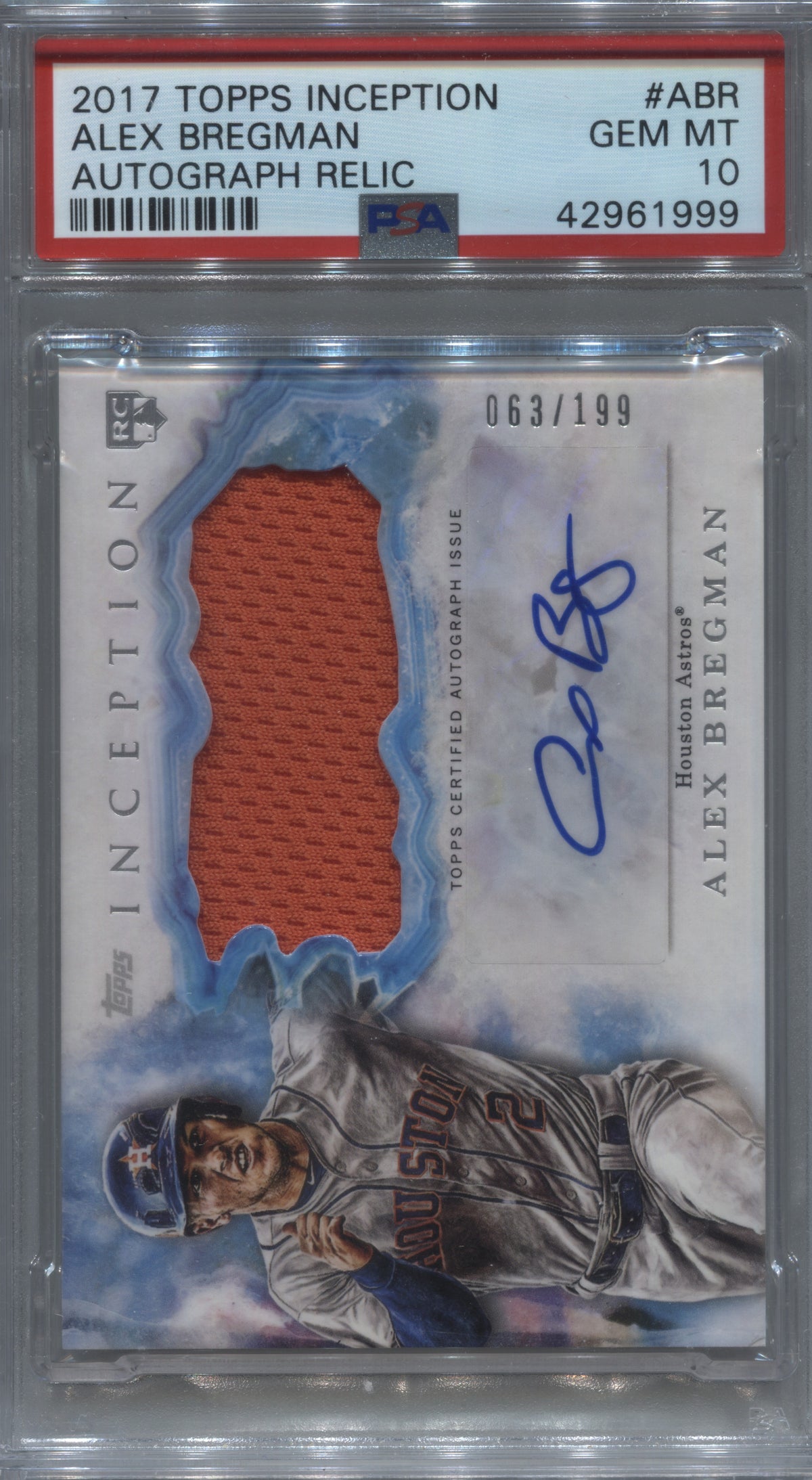 2017 Topps Inception Alex Bregman Rookie Patch Auto /199 PSA 10 Astros RC