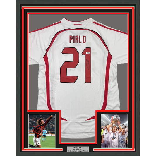 Framed Autographed/Signed Andrea Pirlo 35x39 AC Milan White Soccer Futbol Jersey Beckett BAS COA
