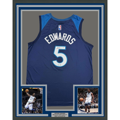 Framed Autographed/Signed Anthony Edwards 35x39 Minnesota Blue Basketball Jersey Beckett BAS COA