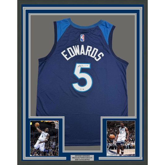 Framed Autographed/Signed Anthony Edwards 35x39 Minnesota Blue Basketball Jersey Beckett BAS COA