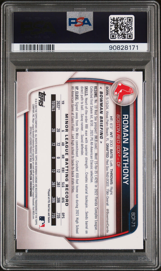 Graded 2023 Topps Bowman Roman Anthony #BCP71 Chrome Prospects Rookie RC Baseball Card PSA 10 Gem Mint