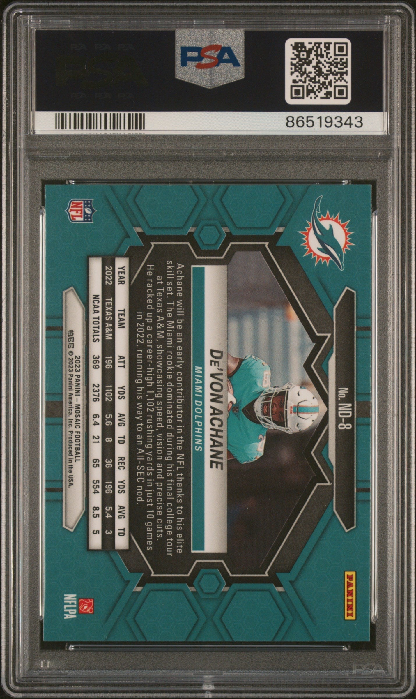 Graded 2023 Panini Mosaic Devon Achane #ND8 NFL Debut Rookie RC Football Card PSA 10 Gem Mint