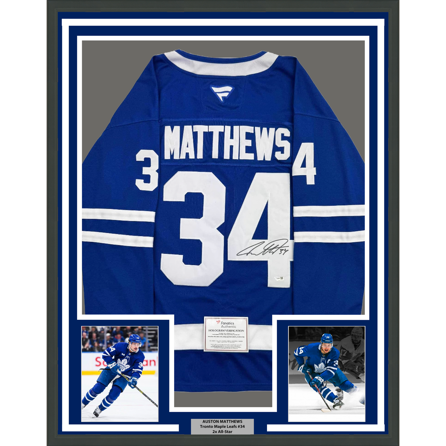 Framed Autographed/Signed Auston Matthews 35x39 Toronto Maple Leafs Authentic Blue Hockey Jersey Fanatics COA