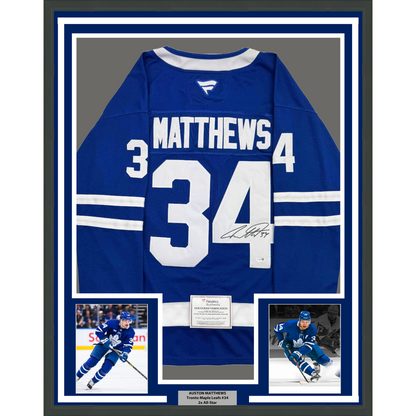 Framed Autographed/Signed Auston Matthews 35x39 Toronto Maple Leafs Authentic Blue Hockey Jersey Fanatics COA