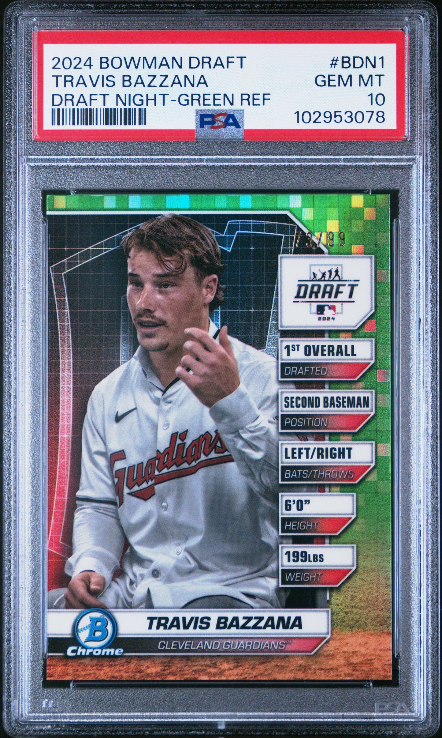Graded 2024 Topps Bowman Draft Travis Bazzana #BDN1 Draft Night Green Refractor /99 Rookie RC Baseball Card PSA 10 Gem Mint