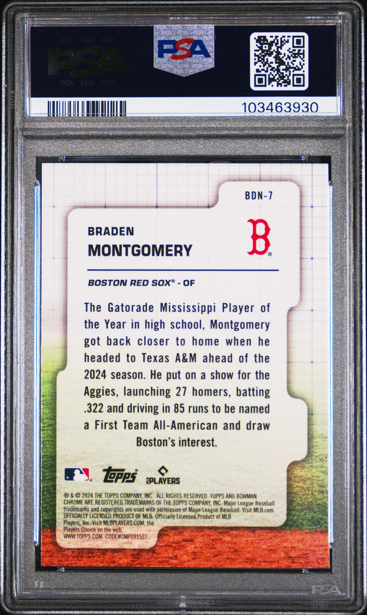 Graded 2024 Topps Bowman Draft Braden Montgomery #BDN7 Draft Night Rookie RC Baseball Card PSA 10 Gem Mint