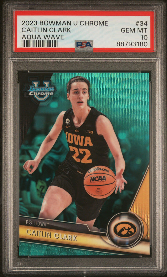 Graded 2023 Topps Bowman U Chrome Caitlin Clark #34 Aqua Wave #/299 Rookie RC Basketball Card PSA 10 Gem Mint
