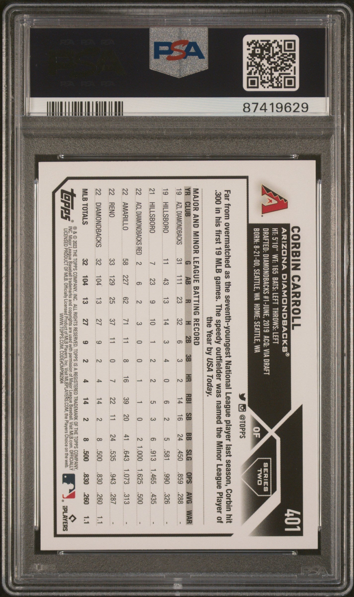 Graded 2023 Topps Corbin Carroll #401 Rainbow Rookie RC Baseball Card PSA 10 Gem Mint