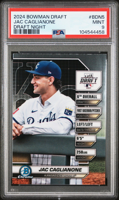 Graded 2024 Topps Bowman Draft Jac Caglianone #BDN5 Draft Night Rookie RC Baseball Card PSA 9 Mint