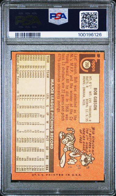Graded 1969 Topps Bob Gibson #200 Baseball Card PSA 3 Very Good