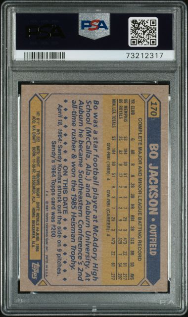 Graded 1987 Topps Bo Jackson #170000 Rookie RC Baseball Card PSA 8 NM-MT