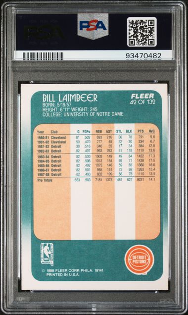 Graded 1988 Fleer Bill Laimbeer #42 Basketball Card PSA 7 Near Mint