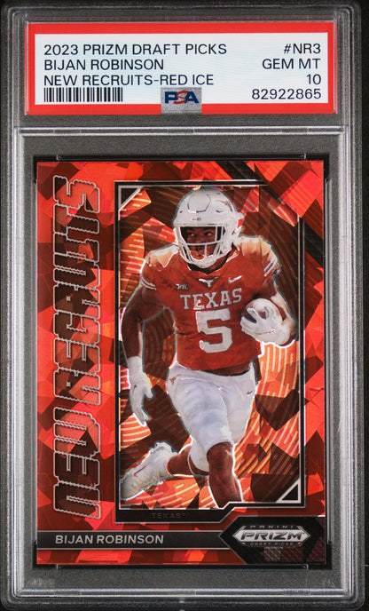 Graded 2023 Panini Prizm Draft Picks Bijan Robinson #NR3 New Recruits Red Ice Rookie RC Football Card PSA 10 Gem Mint