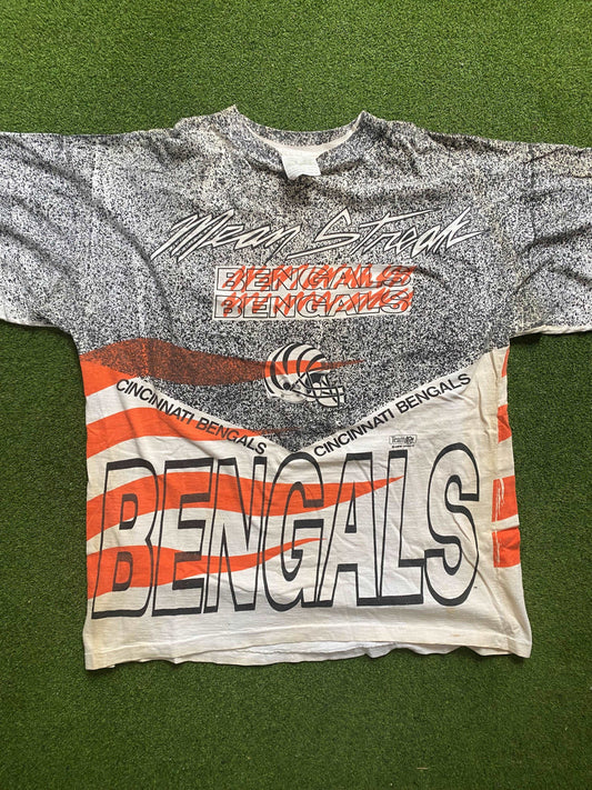 90s Cincinnati Bengals - Print All Over - Double Sided - Vintage NFL Tee Shirt (XL) Gametime Vintage