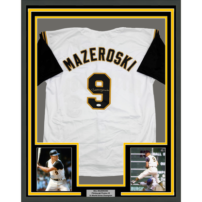 Framed Autographed/Signed Bill Mazeroski 35x39 Pittsburgh White Baseball Jersey JSA COA