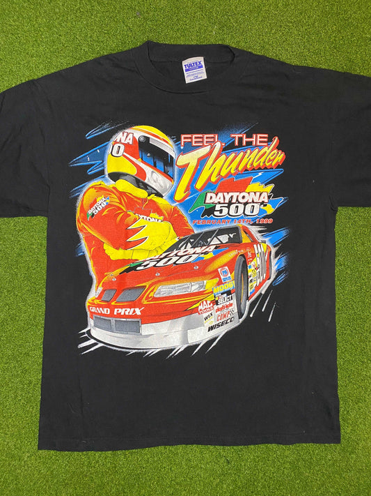 1999 Daytona 500 - Double Sided - Feel the Thunder - Vintage NASCAR Tee Shirt (Large)
