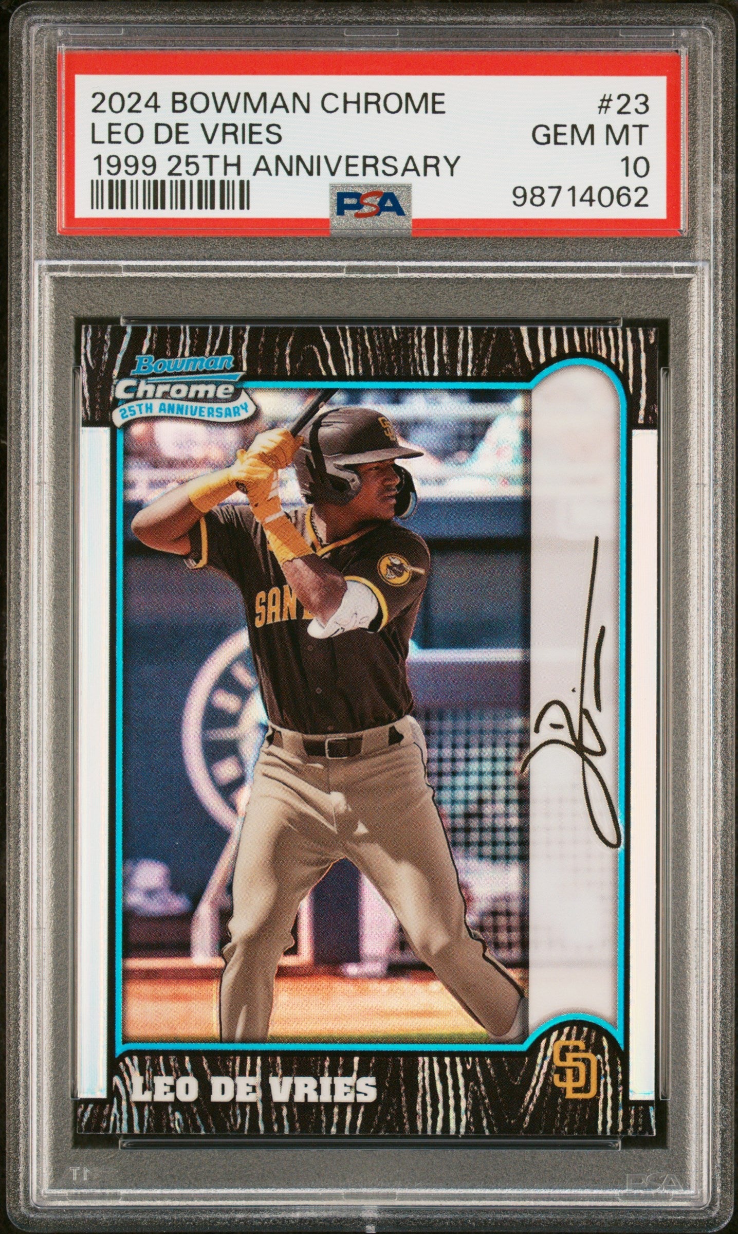 Graded 2024 Topps Bowman Chrome Leo De Vries #23 1999 25th Anniversary Rookie RC Baseball Card PSA 10 Gem Mint