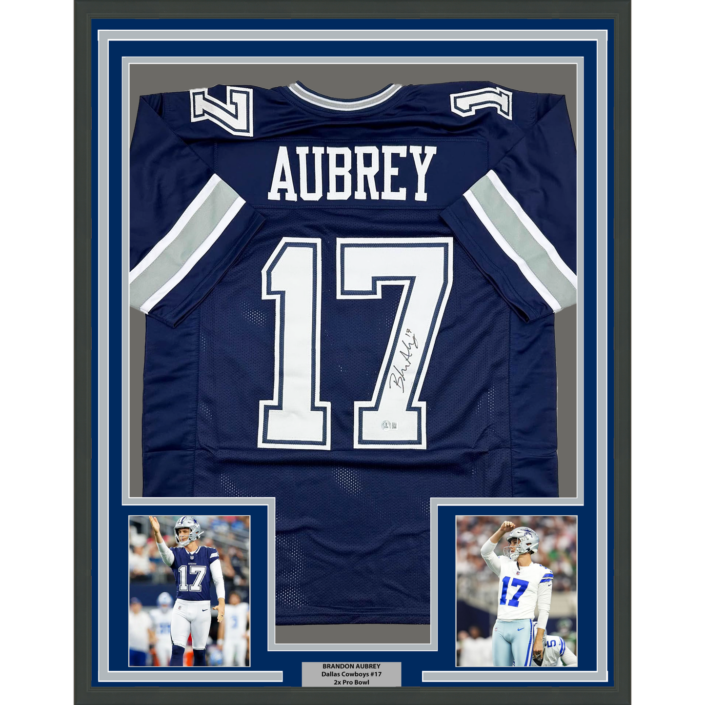 Framed Autographed/Signed Brandon Aubrey 35x39 Dallas Blue Football Jersey Beckett BAS COA