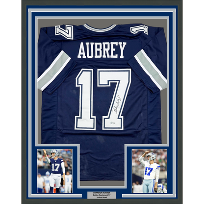 Framed Autographed/Signed Brandon Aubrey 35x39 Dallas Blue Football Jersey Beckett BAS COA