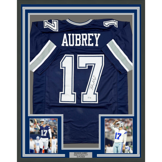 Framed Autographed/Signed Brandon Aubrey 35x39 Dallas Blue Football Jersey Beckett BAS COA