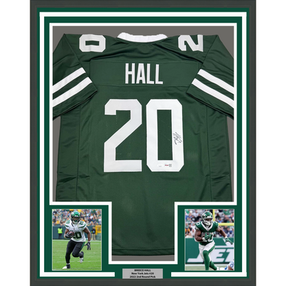 Framed Autographed/Signed Breece Hall 35x39 New York Green Football Jersey JSA COA