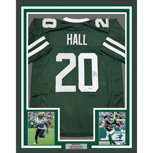 Framed Autographed/Signed Breece Hall 35x39 New York Green Football Jersey JSA COA