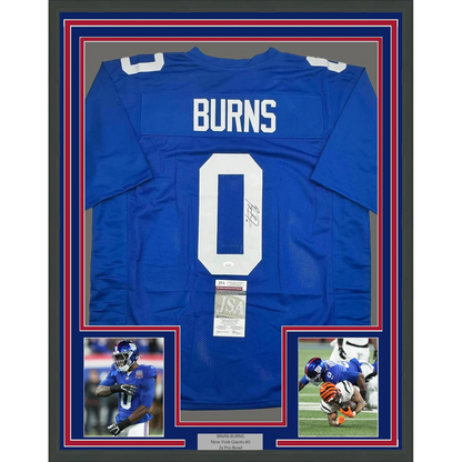 Framed Autographed/Signed Brian Burns 35x39 New York Blue Football Jersey JSA COA