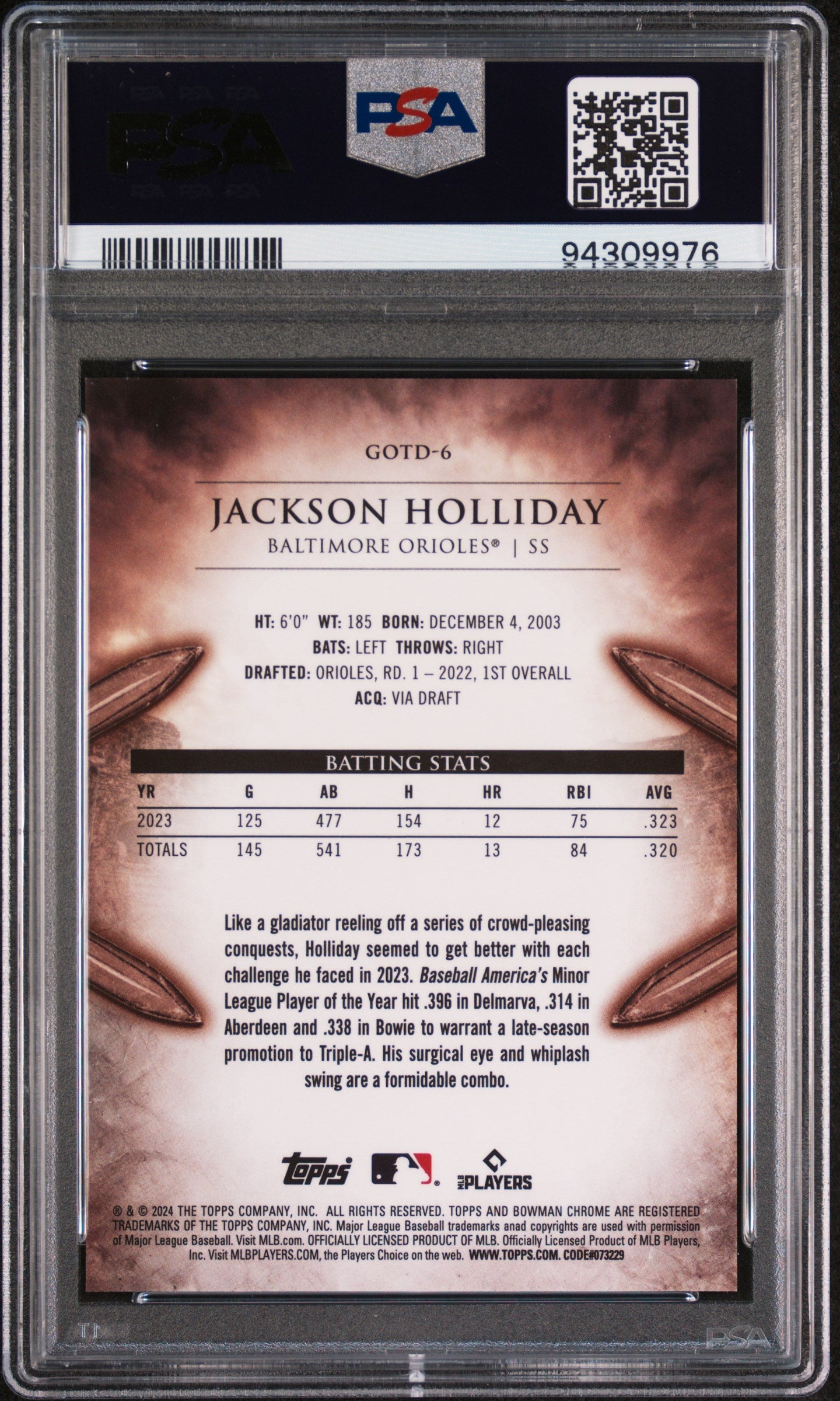 Graded 2024 Topps Bowman Jackson Holliday #GOTD6 Gladiators of the Diamond Rookie RC Baseball Card PSA 10 Gem Mint