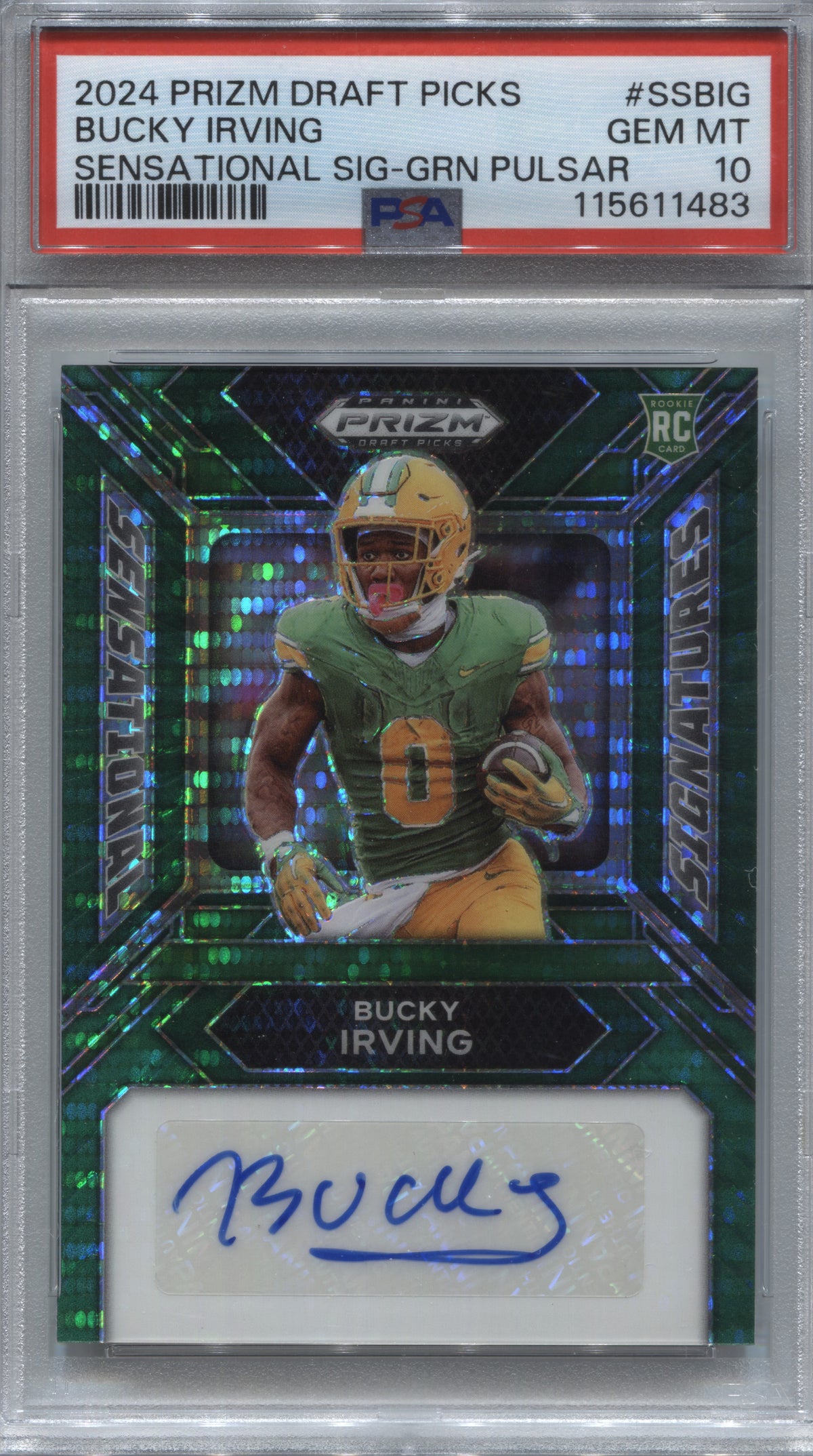 2024 Prizm Draft Bucky Irving Sensational Green Pulsar /25 Rookie Auto PSA 10