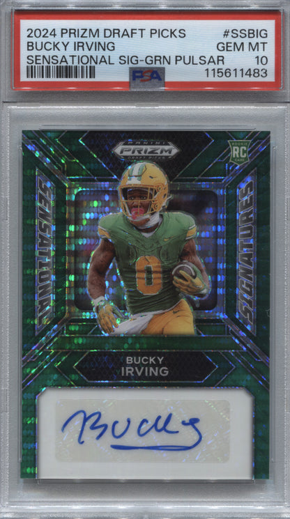 2024 Prizm Draft Bucky Irving Sensational Green Pulsar /25 Rookie Auto PSA 10