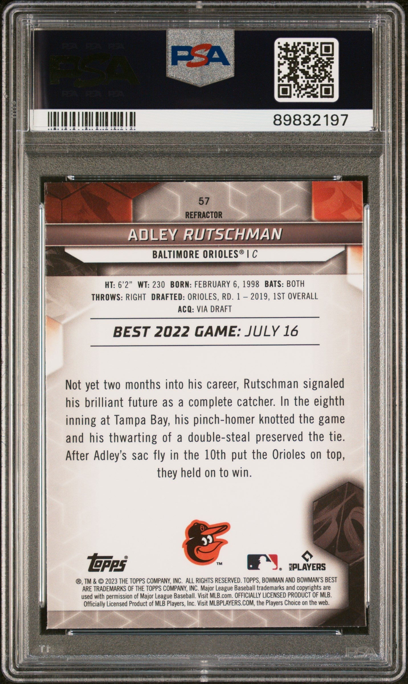Graded 2023 Topps Bowmans Best Adley Rutschman #57 Refractor Rookie RC Baseball Card PSA 10 Gem Mint