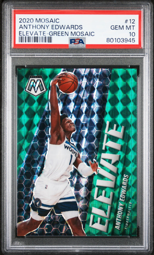 Graded 2020 Panini Mosaic Anthony Edwards #12 Elevate Green Mosaic Rookie RC Basketball Card PSA 10 Gem Mint