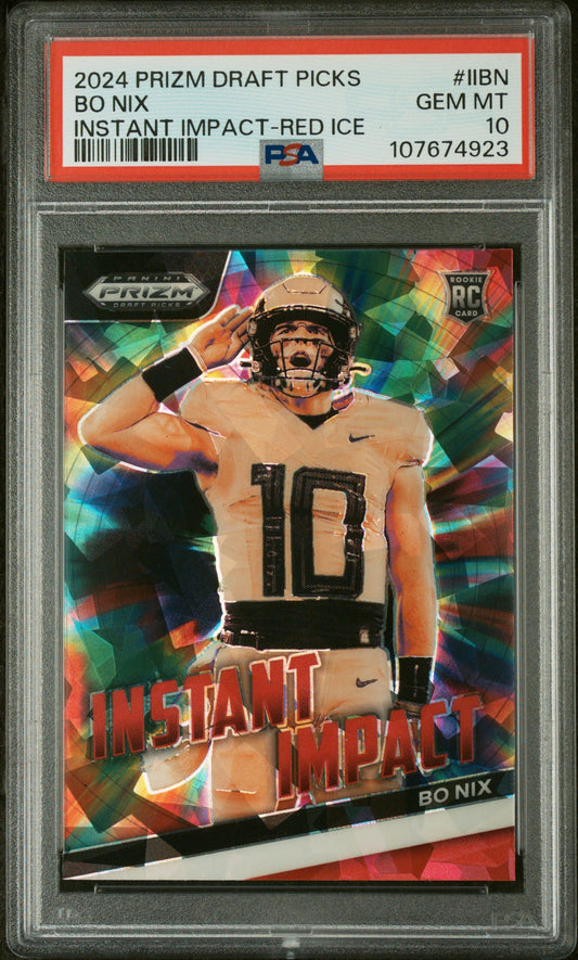 Graded 2024 Panini Prizm Draft Picks Bo Nix #IIBN Instant Impact Red Ice Rookie RC Football Card PSA 10 Gem Mint