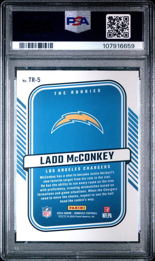 Graded 2024 Panini Donruss Ladd McConkey #TR5 The Rookies Rookie RC Football Card PSA 10 Gem Mint