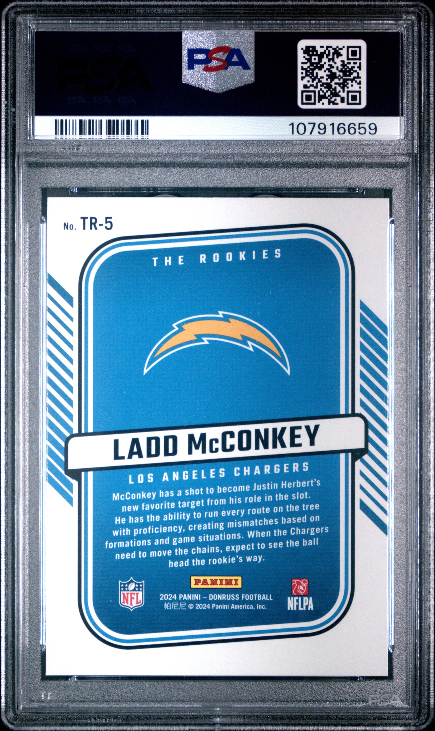 Graded 2024 Panini Donruss Ladd McConkey #TR5 The Rookies Rookie RC Football Card PSA 10 Gem Mint
